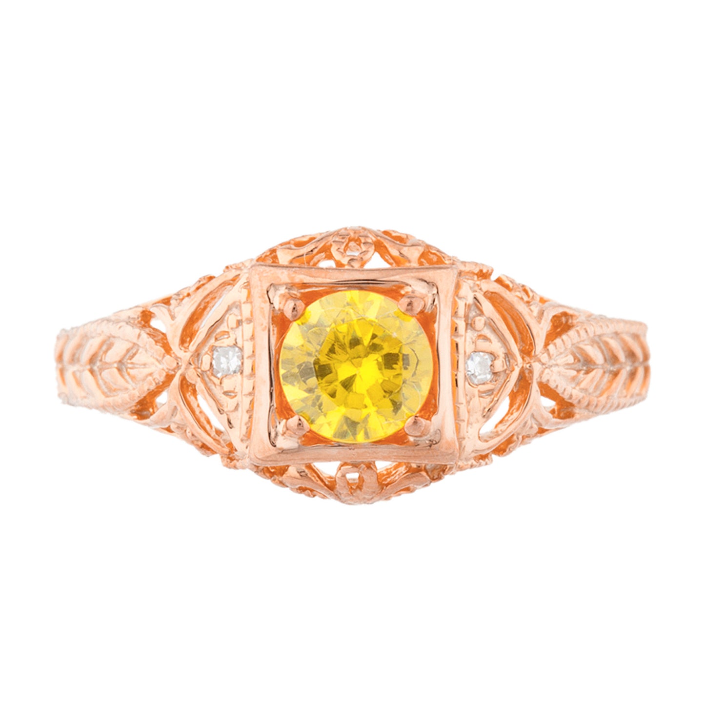 14Kt Gold Yellow Citrine & Diamond Design Round Ring