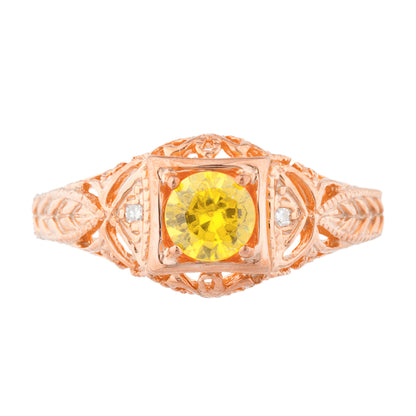 14Kt Gold Yellow Citrine & Diamond Design Round Ring