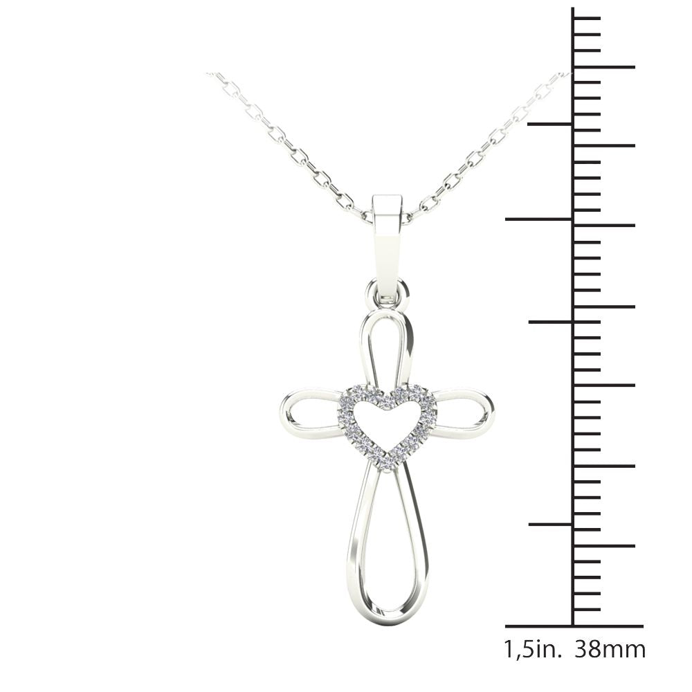 14Kt White Gold Genuine Natural Diamond Cross Heart Pendant Necklace