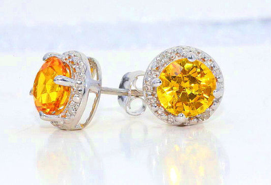 14Kt White Gold Citrine & Diamond Round Stud Earrings