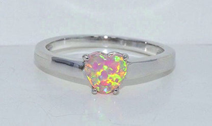 6mm Pink Opal Heart Ring .925 Sterling Silver Rhodium Finish