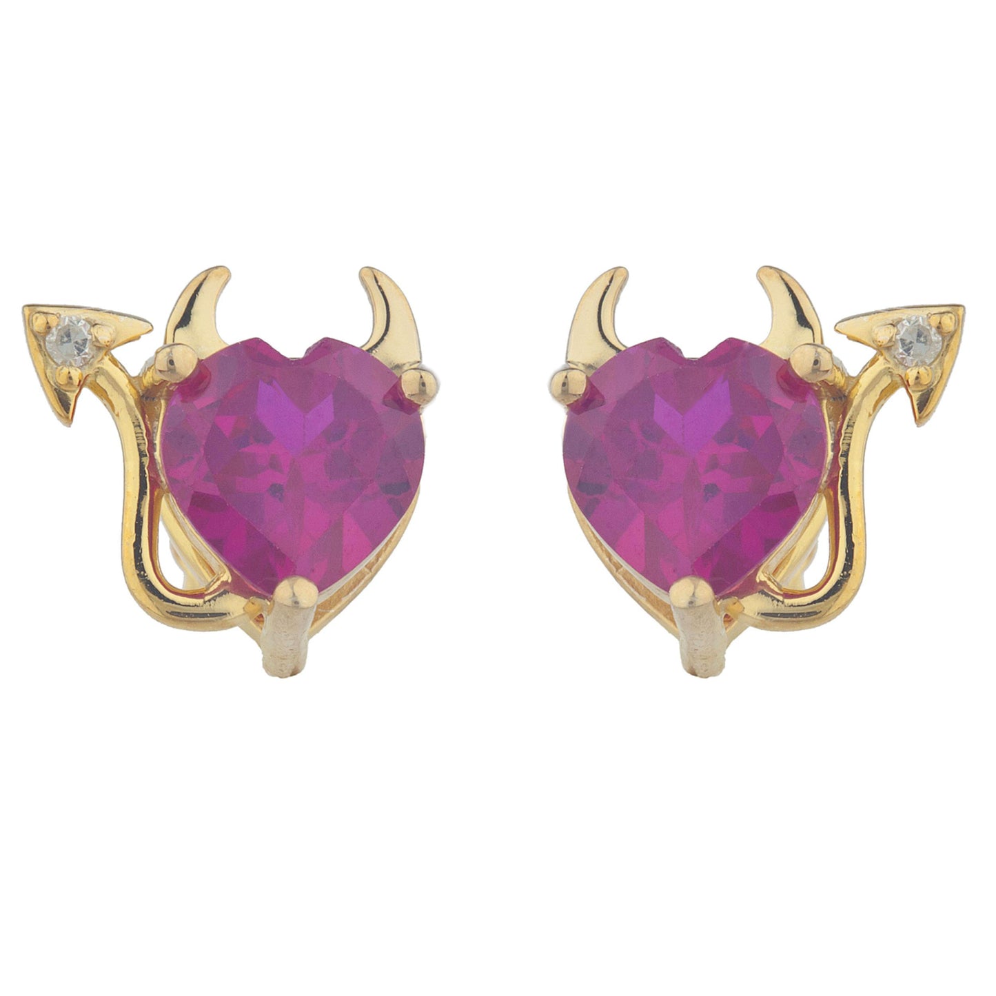 Created Ruby & Diamond Devil Heart Stud Earrings 14Kt Yellow Gold Plated