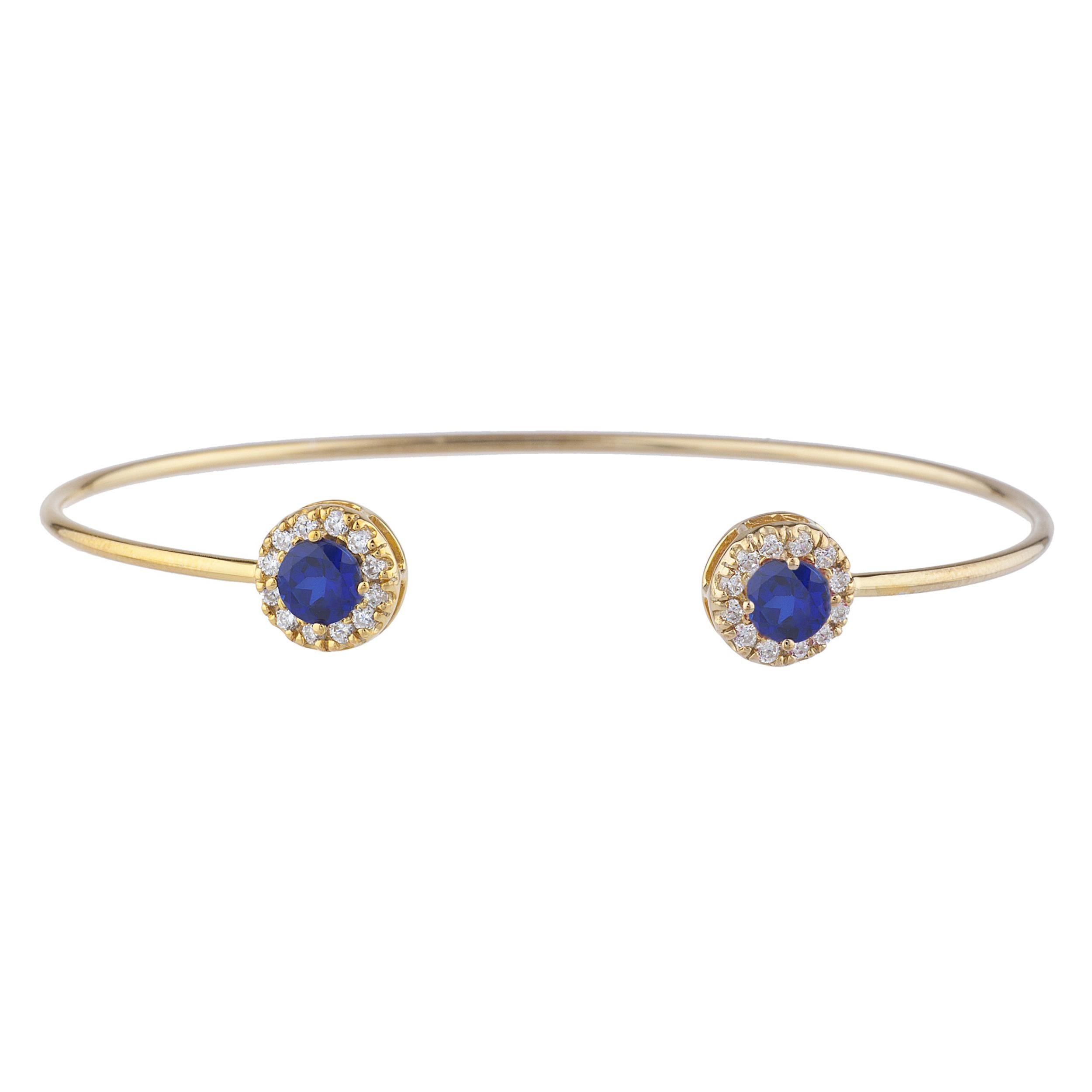 14Kt Gold Blue Sapphire Halo Design Bangle Bracelet