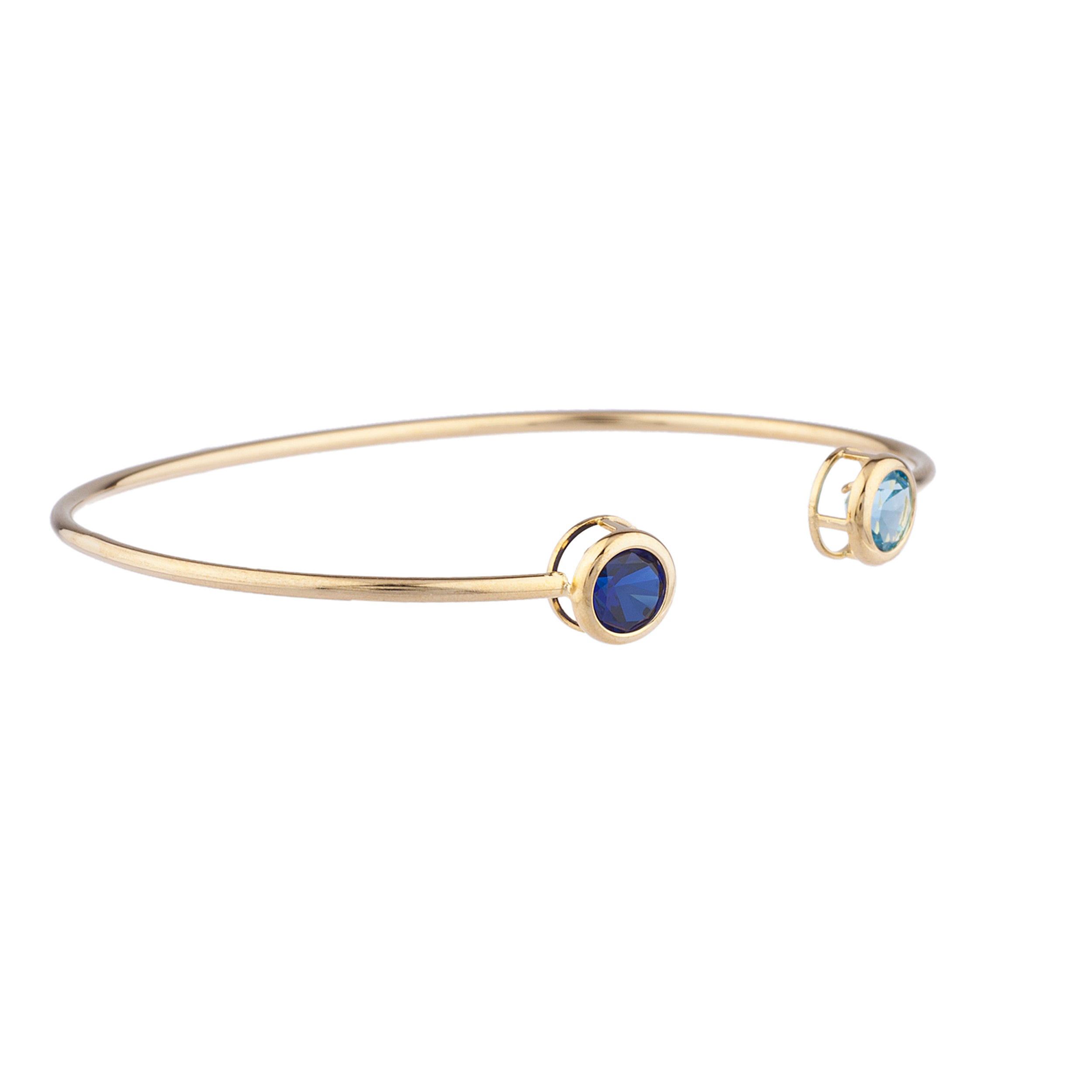14Kt Gold Blue Sapphire & Blue Topaz Round Bezel Bangle Bracelet
