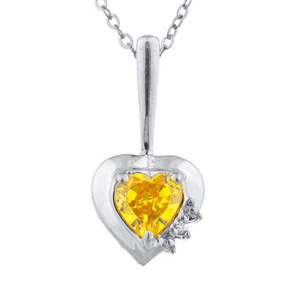 Yellow Citrine & Diamond Heart Pendant .925 Sterling Silver