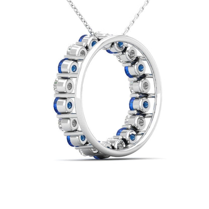 14Kt White Gold 0.43 Ct White & Blue Diamond Round Circle Design Pendant Necklace