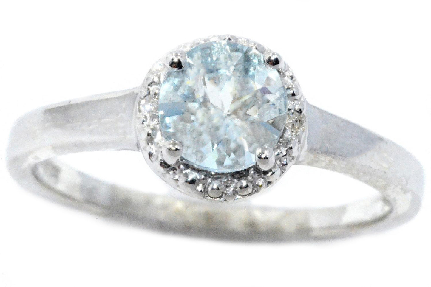 14Kt White Gold Genuine Aquamarine & Diamond Round Ring