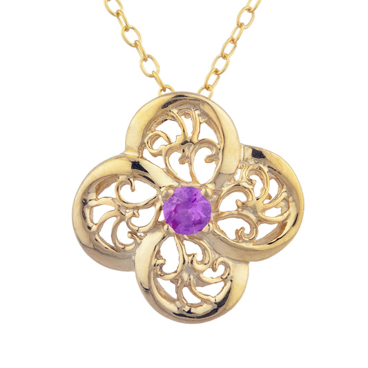 14Kt Gold Pink Sapphire Clover Design Pendant Necklace