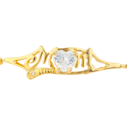 White Sapphire & Diamond Heart Mom Bracelet 14Kt Yellow Gold Plated Over .925 Sterling Silver