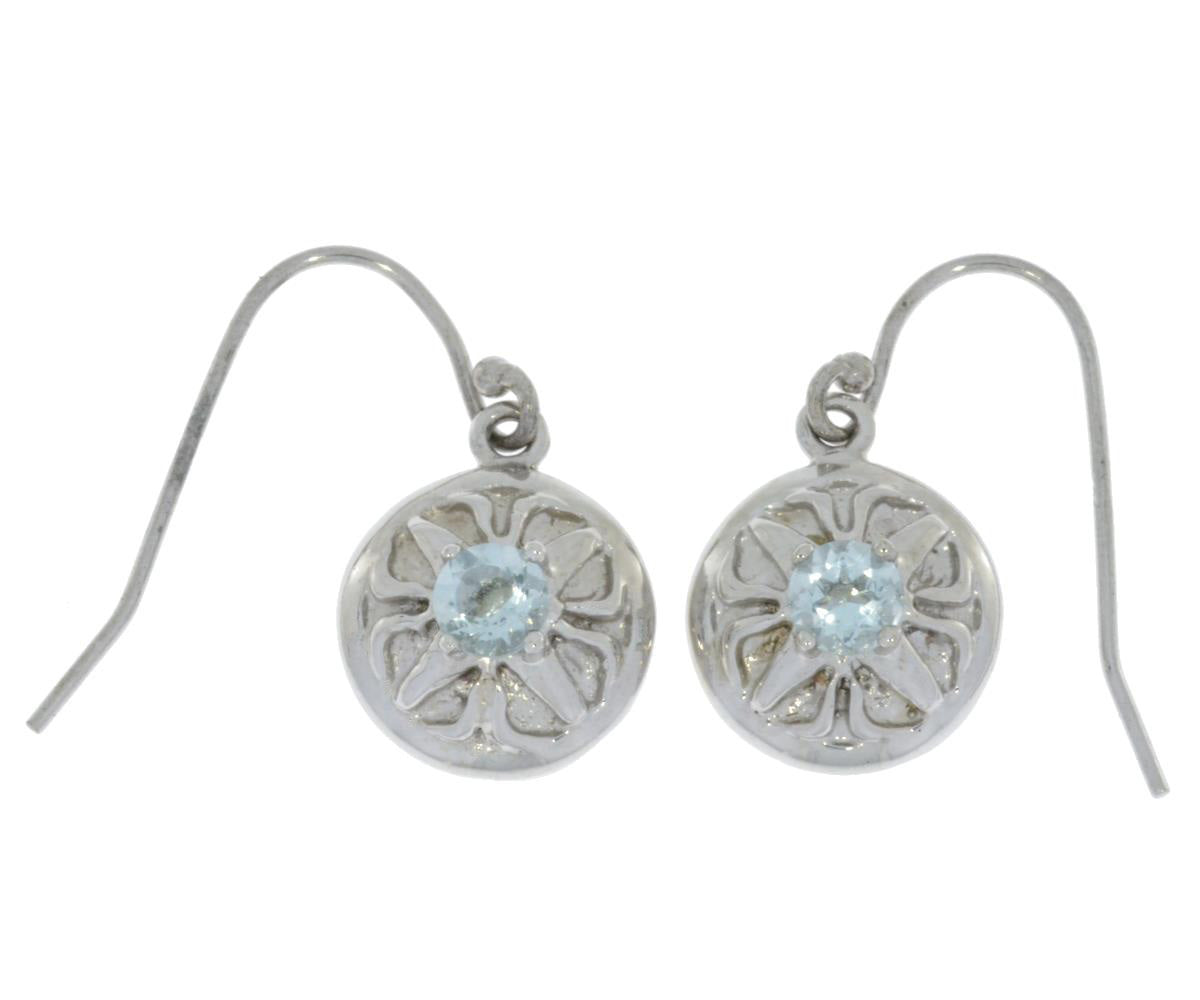 Genuine Aquamarine Round Dangle Earrings .925 Sterling Silver