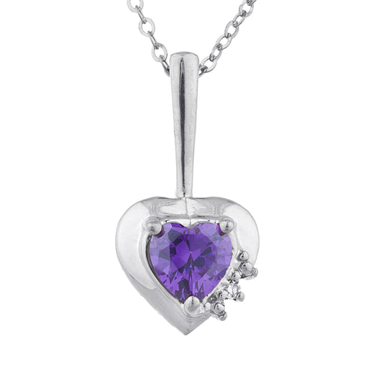 Amethyst & Diamond Heart Pendant .925 Sterling Silver