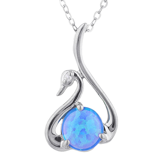 Blue Opal & Diamond Swan Pendant .925 Sterling Silver