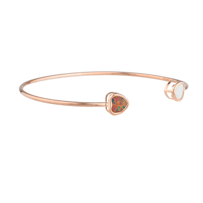 Black & White Opal Heart Bezel Bangle Bracelet 14Kt Rose Gold Plated Over .925 Sterling Silver