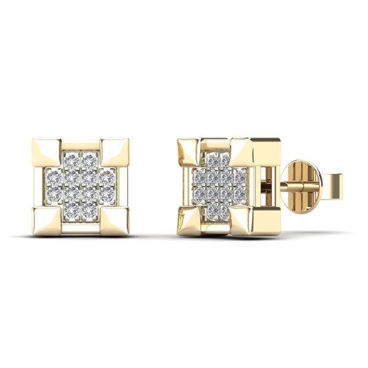 14Kt Yellow Gold 0.08 Ct Genuine Natural Diamond Square Stud Earrings