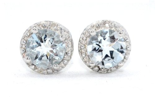 14Kt White Gold Genuine Aquamarine & Diamond Round Stud Earrings