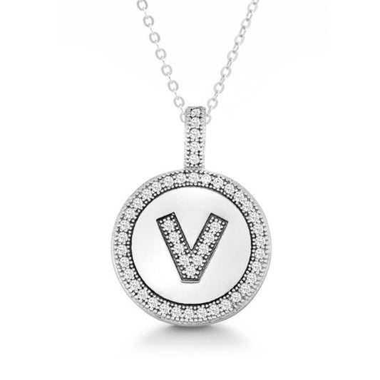 Letter V Micro Pave Initial CZ Pendant .925 Sterling Silver