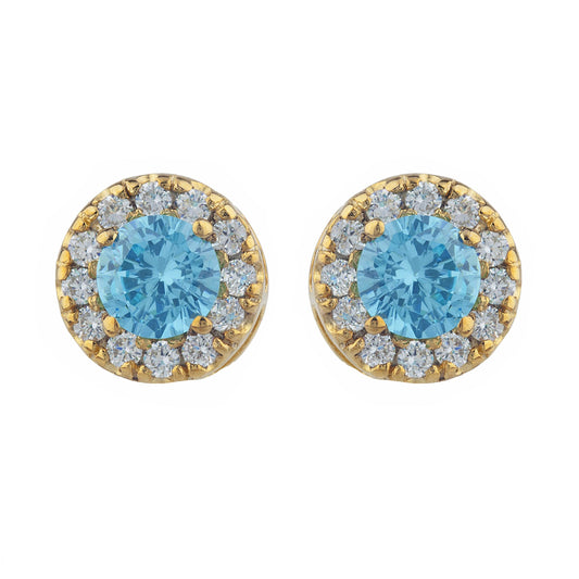 14Kt Gold 1 Ct Swiss Blue Topaz Halo Design Stud Earrings