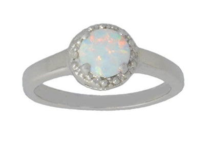 6mm Opal & Diamond Round Ring .925 Sterling Silver Rhodium Finish