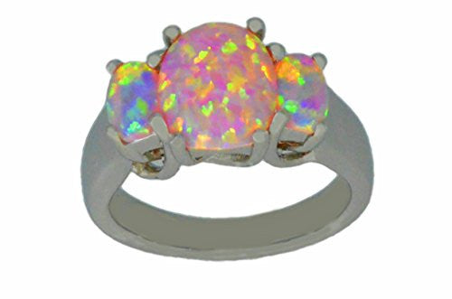 10x8mm Pink Opal Oval Ring .925 Sterling Silver Rhodium Finish