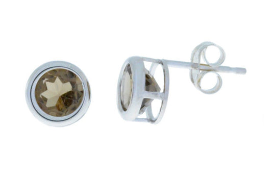 14Kt White Gold Smoky Quartz Bezel Round Stud Earrings
