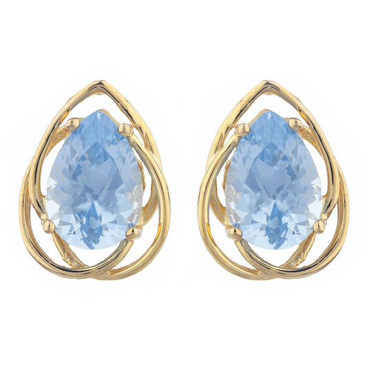 14Kt Yellow Gold Plated Aquamarine Pear Teardrop Design Stud Earrings