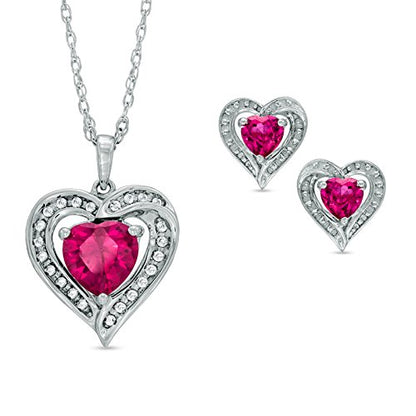 2.5 Carat Ruby & White Sapphire Heart Stud Earrings and Pendant .925 Sterling...