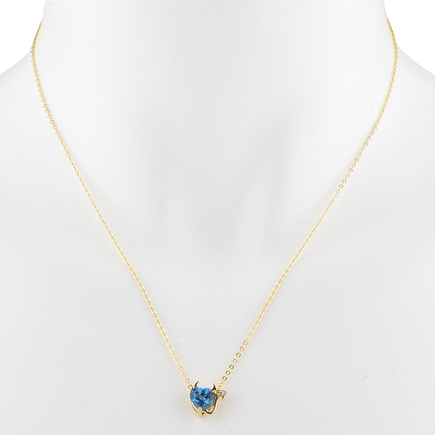 14Kt Gold 1.5 Ct London Blue Topaz & Diamond Devil Heart Pendant Necklace