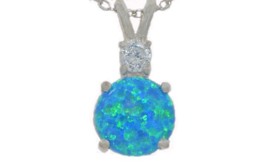 Blue Opal & Zirconia Round Pendant .925 Sterling Silver Rhodium Finish