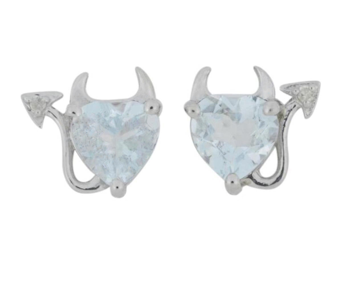 Genuine Aquamarine & Diamond Devil Heart Stud Earrings 14Kt White Gold