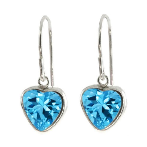 2 Ct Blue Topaz Heart Bezel Dangle Earrings .925 Sterling Silver