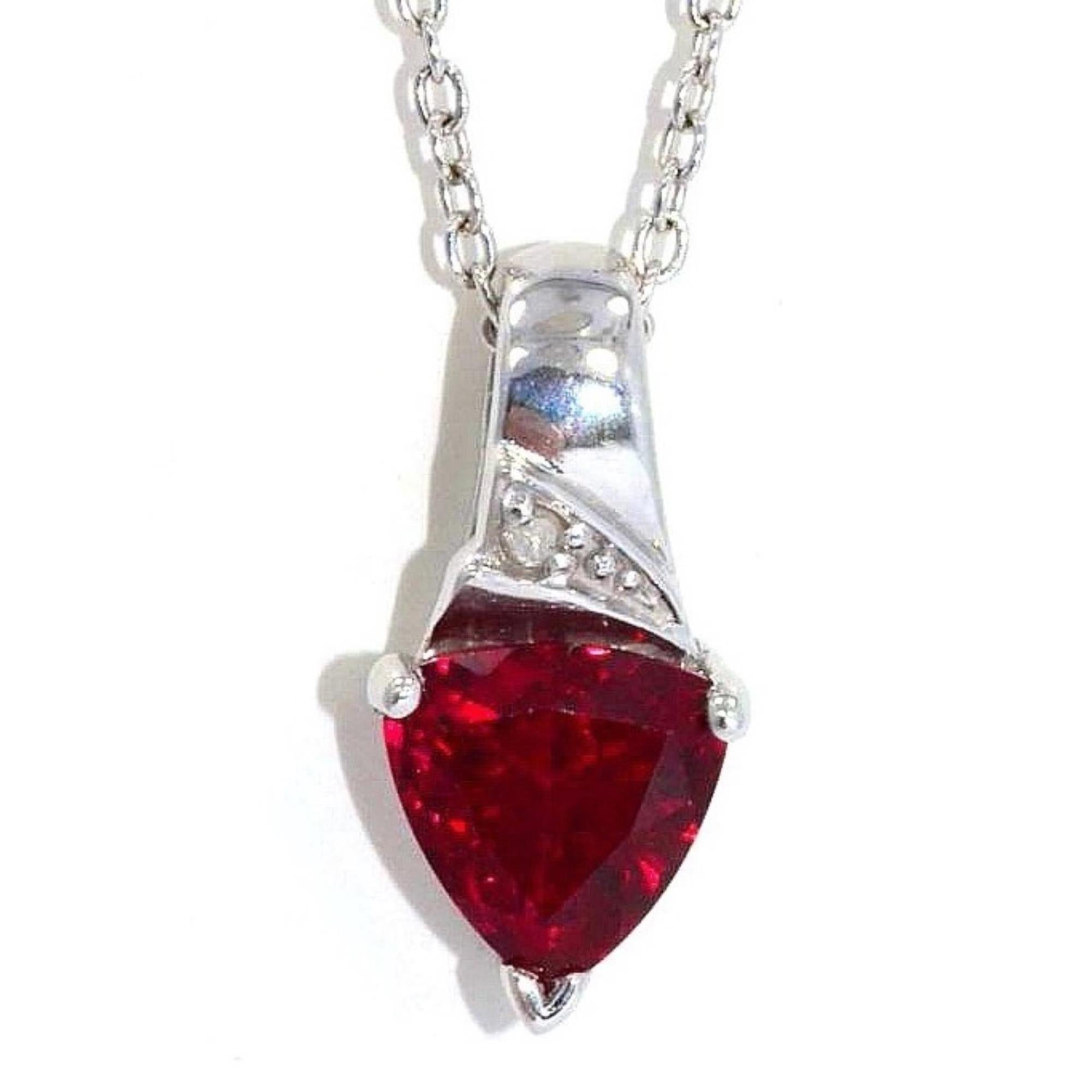 14Kt Gold 1.5 Ct Created Ruby & Diamond Trillion Pendant Necklace
