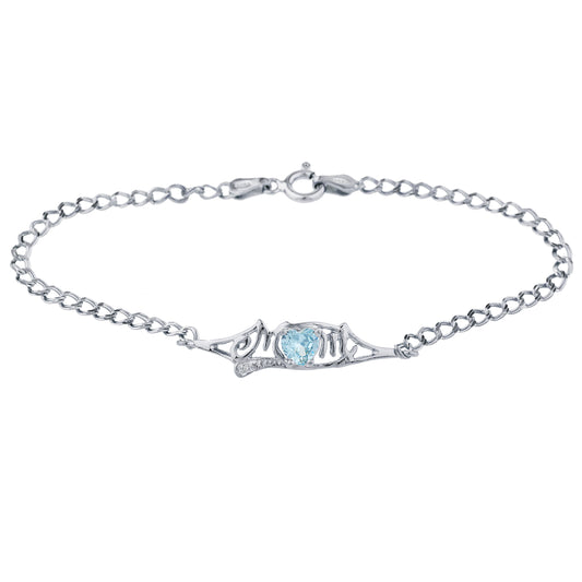 Aquamarine & Diamond Heart Mom Bracelet .925 Sterling Silver