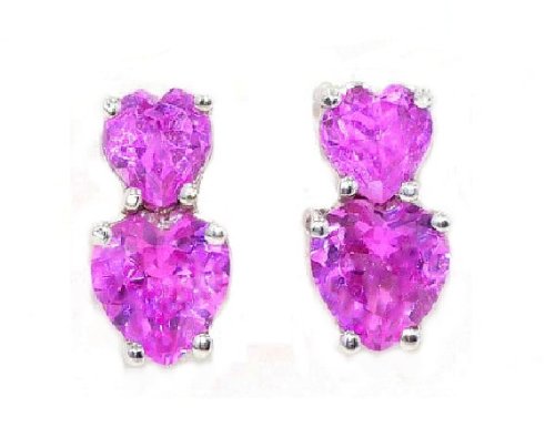 3 Ct Pink Sapphire Double Heart Stud Earrings .925 Sterling Silver