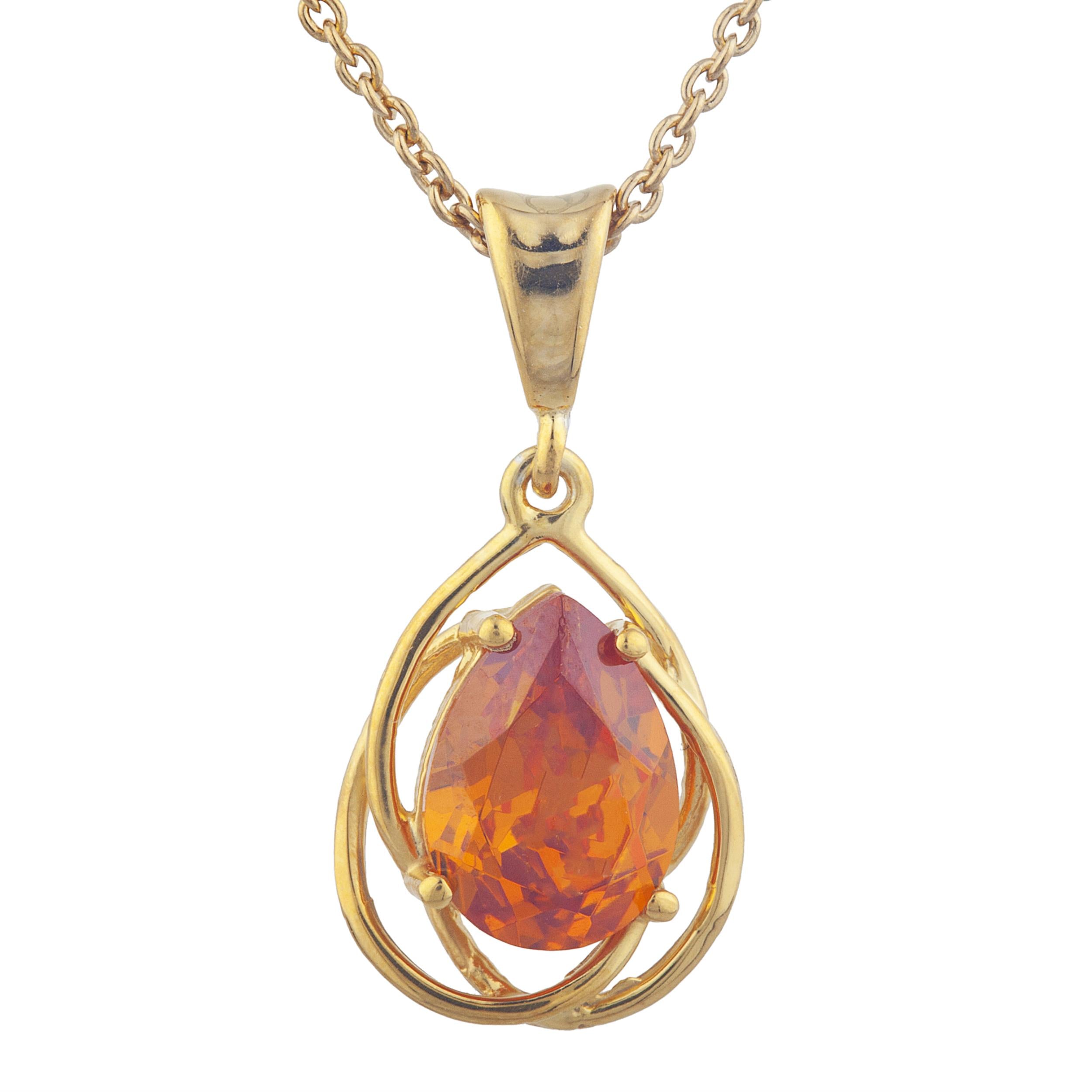 14Kt Gold 2 Ct Orange Citrine Pear Teardrop Design Pendant Necklace