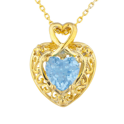 14Kt Gold Blue Topaz Heart Design Pendant Necklace