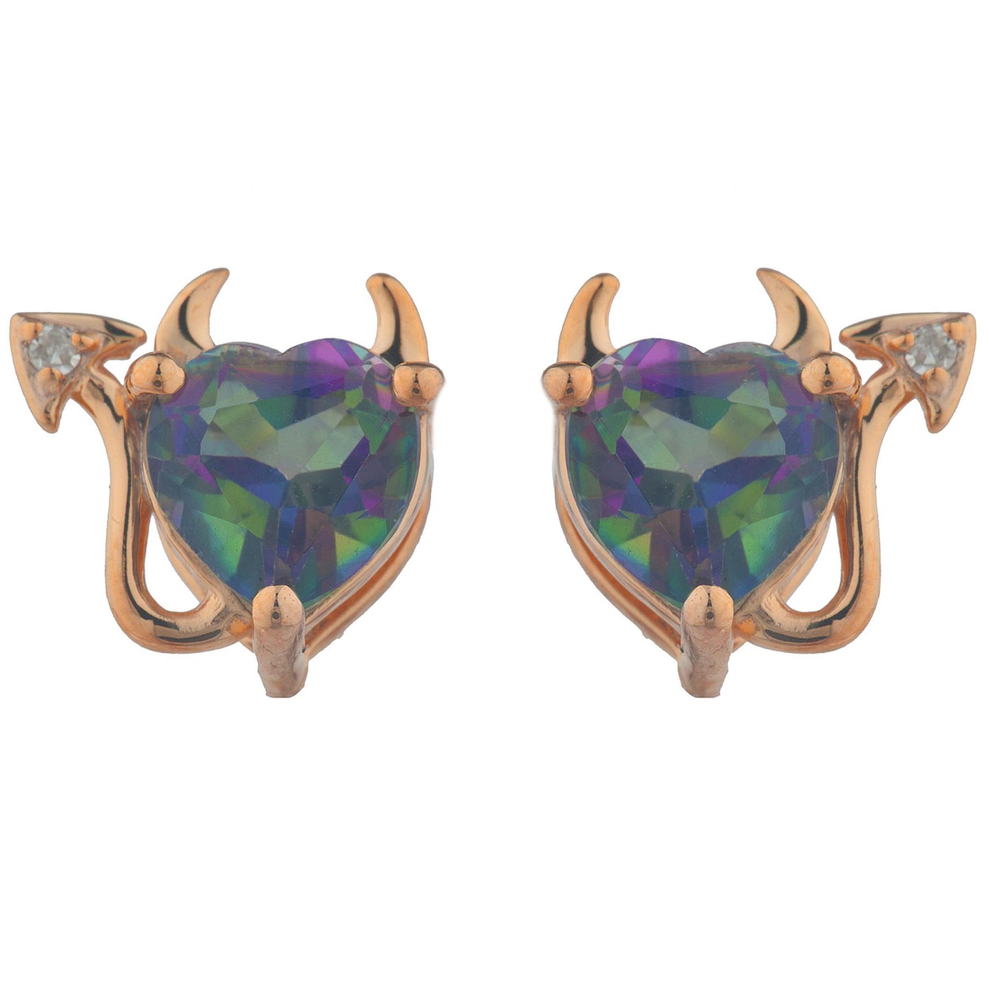 Natural Mystic Topaz & Diamond Devil Heart Stud Earrings 14Kt Rose Gold Plated