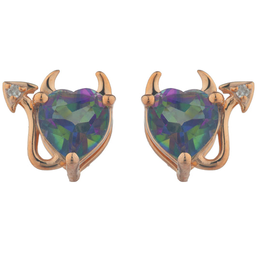 Natural Mystic Topaz & Diamond Devil Heart Stud Earrings 14Kt Rose Gold Plated