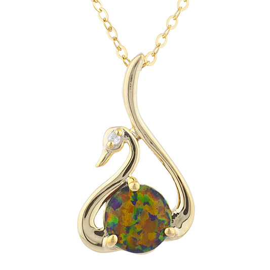 14Kt Yellow Gold Plated Black Opal & Diamond Swan Pendant