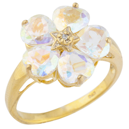 14Kt Gold Natural Mercury Mist Mystic Topaz & Diamond Heart Flower Design Ring