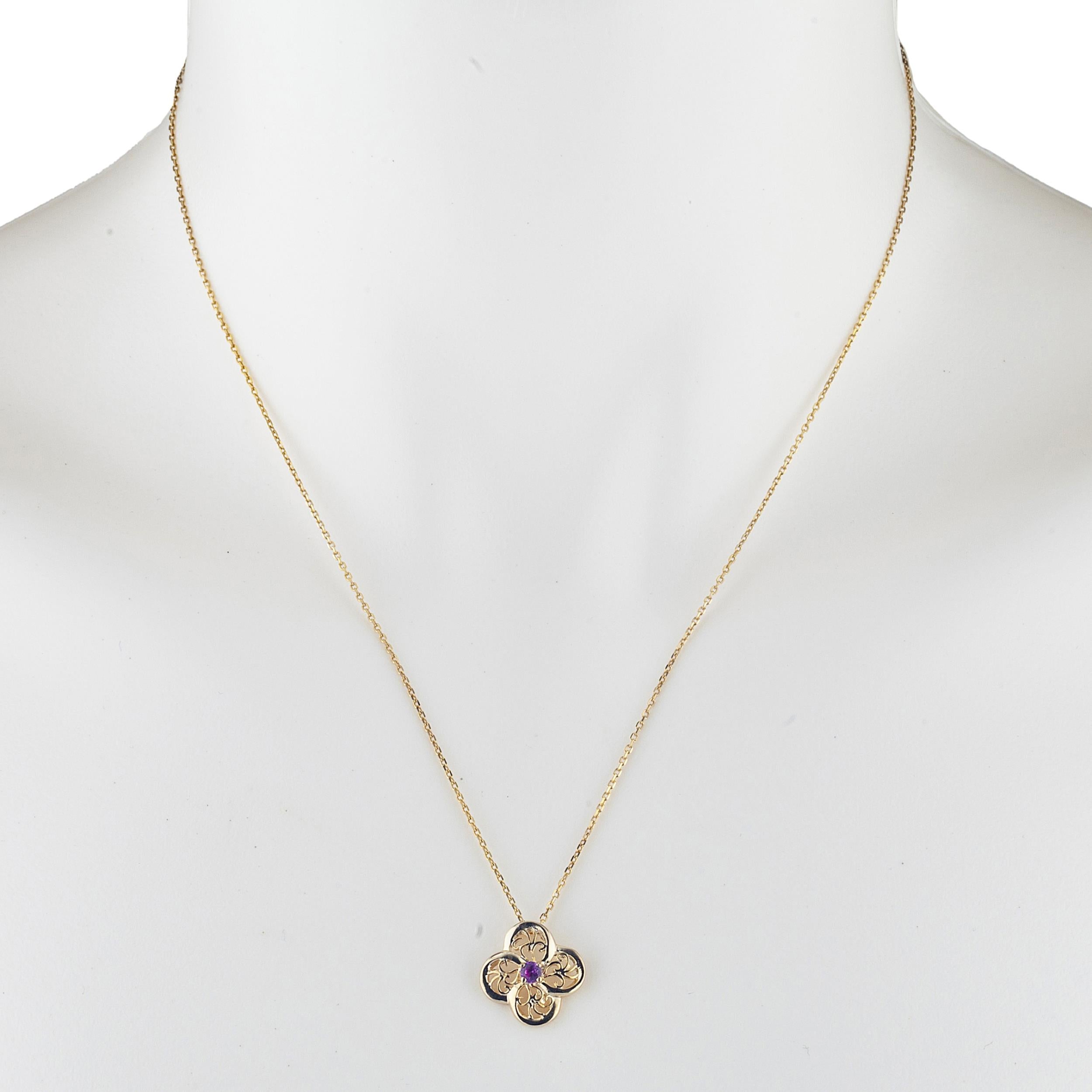 14Kt Gold Pink Sapphire Clover Design Pendant Necklace