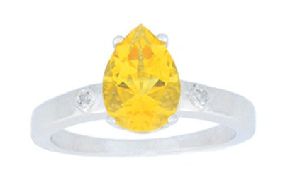 2 Ct Yellow Citrine & Diamond Pear Ring .925 Sterling Silver Rhodium Finish