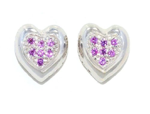 Always & Forever Engraving Pink Sapphire Heart Stud Earrings .925 Sterling Silver