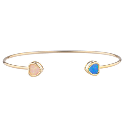 14Kt Gold Blue & Pink Opal Heart Bezel Bangle Bracelet