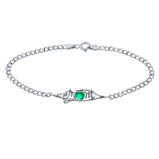 Emerald & Diamond Heart Mom Bracelet .925 Sterling Silver