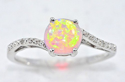 7mm Pink Opal & Diamond Round Ring .925 Sterling Silver Rhodium Finish