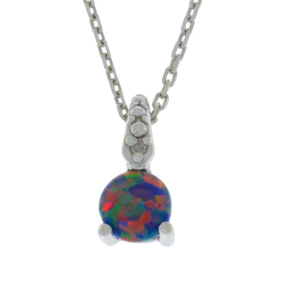 5mm Black Opal & Diamond Round Pendant .925 Sterling Silver Rhodium Finish