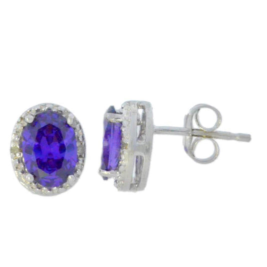 2 Ct Amethyst & Diamond Oval Stud Earrings 14Kt White Gold