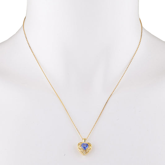 14Kt Gold Tanzanite & Diamond Heart LOVE ENGRAVED Pendant Necklace
