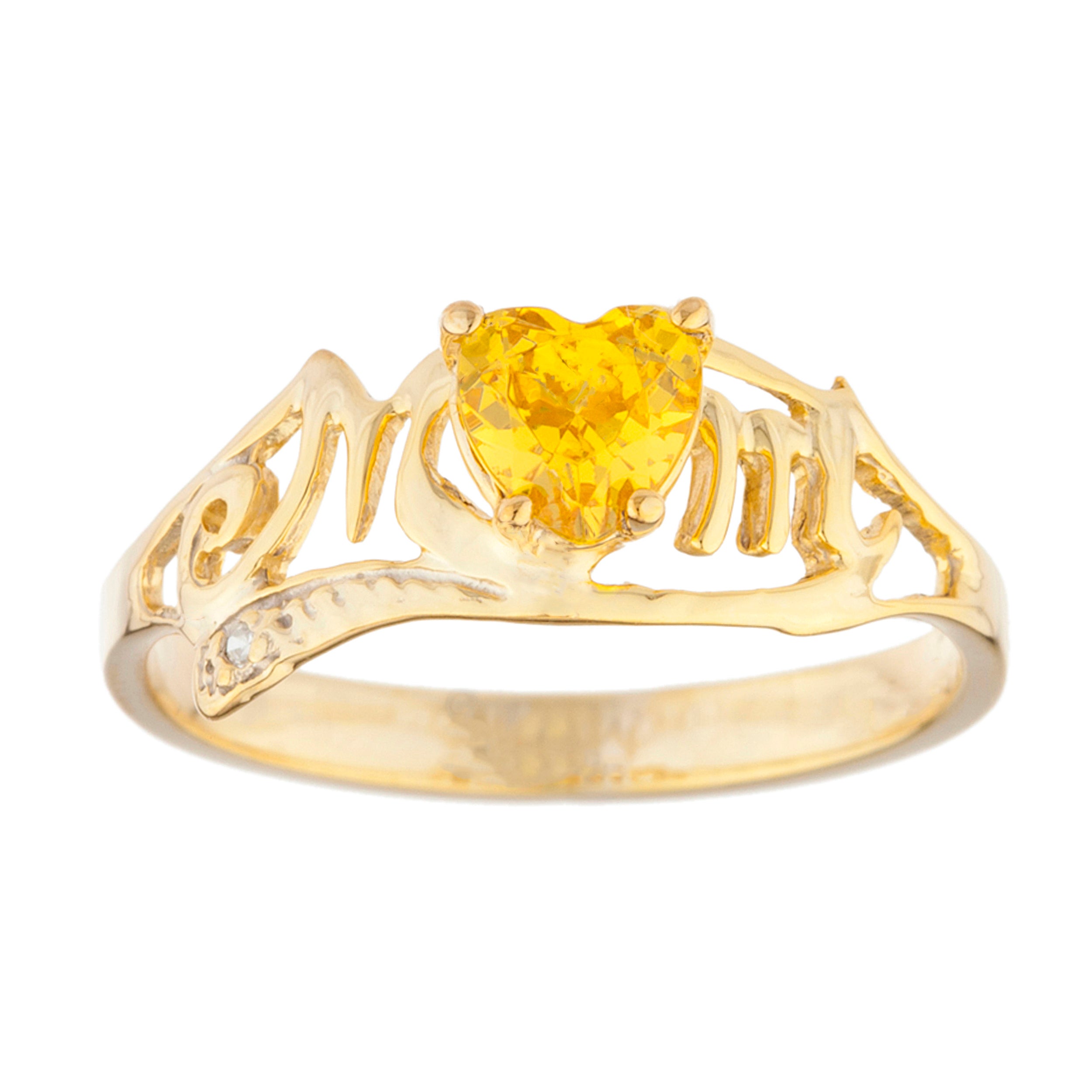 14Kt Gold Yellow Citrine & Diamond Heart Mom Ring