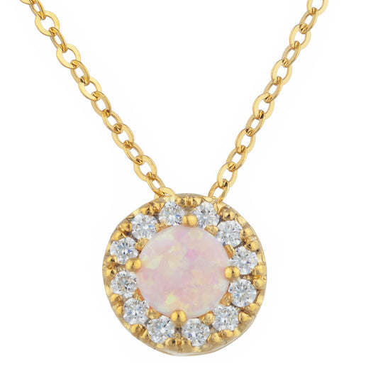 14Kt Gold Pink Opal Halo Design Pendant Necklace